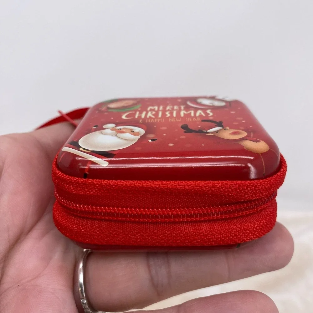 Christmas Zipper Purse Gift Case Ornament Santa Reindeer Snowman Red Pouch NEW